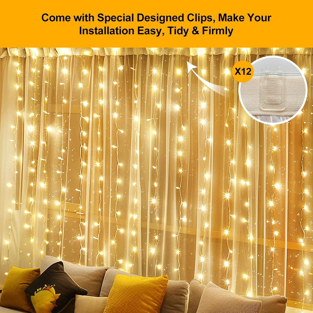 Skiennix 300 LED Fairy Curtain Lights - 9.8 x 9.8FT Warm White USB with Remote | 8 Modes for Christmas & Events