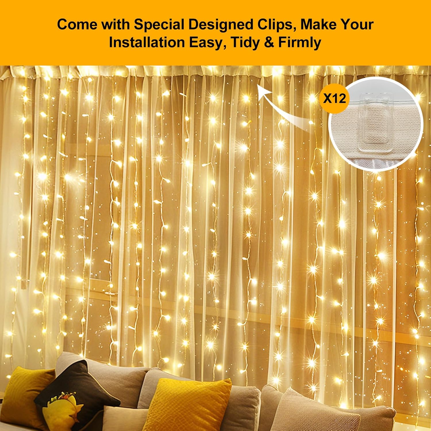 Skiennix 300 LED Fairy Curtain Lights - 9.8 x 9.8FT Warm White USB with Remote | 8 Modes for Christmas & Events