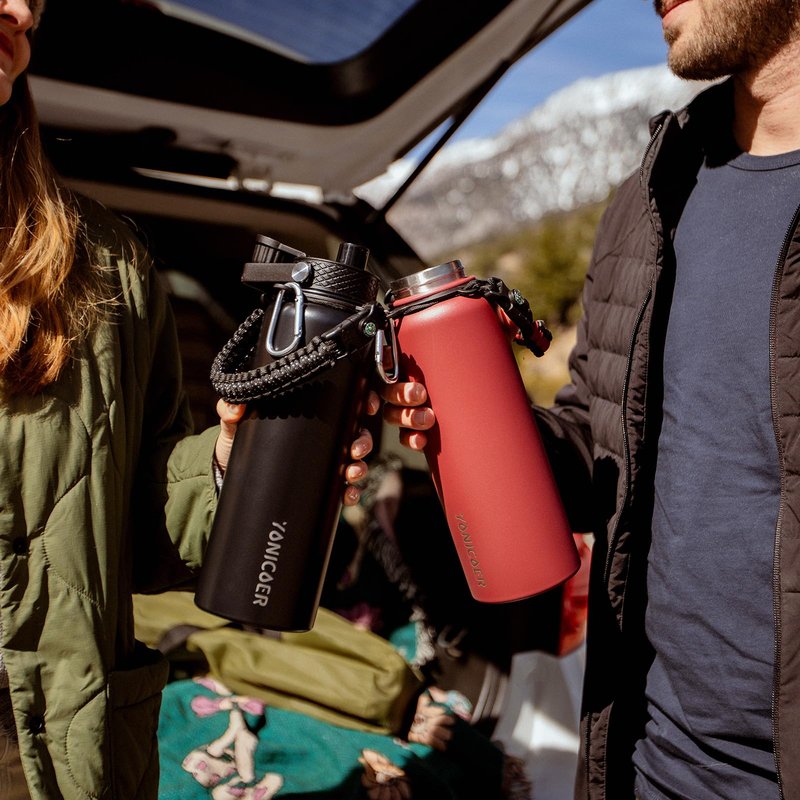 YONICOER Insulated Water Bottle 40oz,Triple Wall Vacuum Stainless Steel(Dishwasher Safe),Leak Proof & Non-BPA,Flask Jug with Paracord Handle & Straw Spout Lids Sports Cherry Blossom