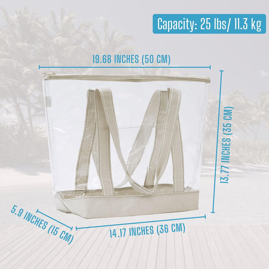 VENO Clear Beach Bag - Large Transparent Tote for Swim, Pool, Gym | Summer Vacation Essentials - Beige