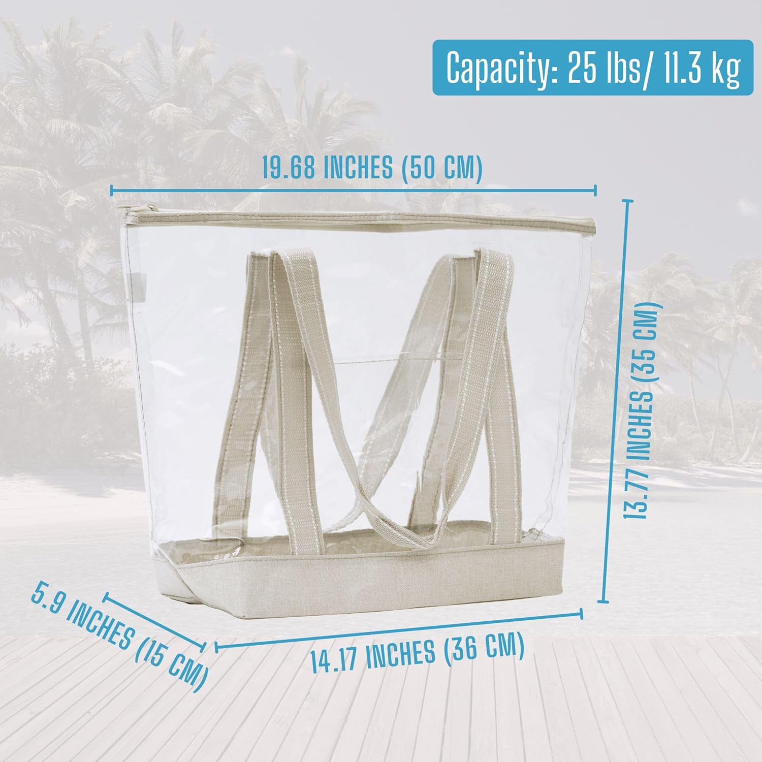 VENO Clear Beach Bag - Large Transparent Tote for Swim, Pool, Gym | Summer Vacation Essentials - Beige