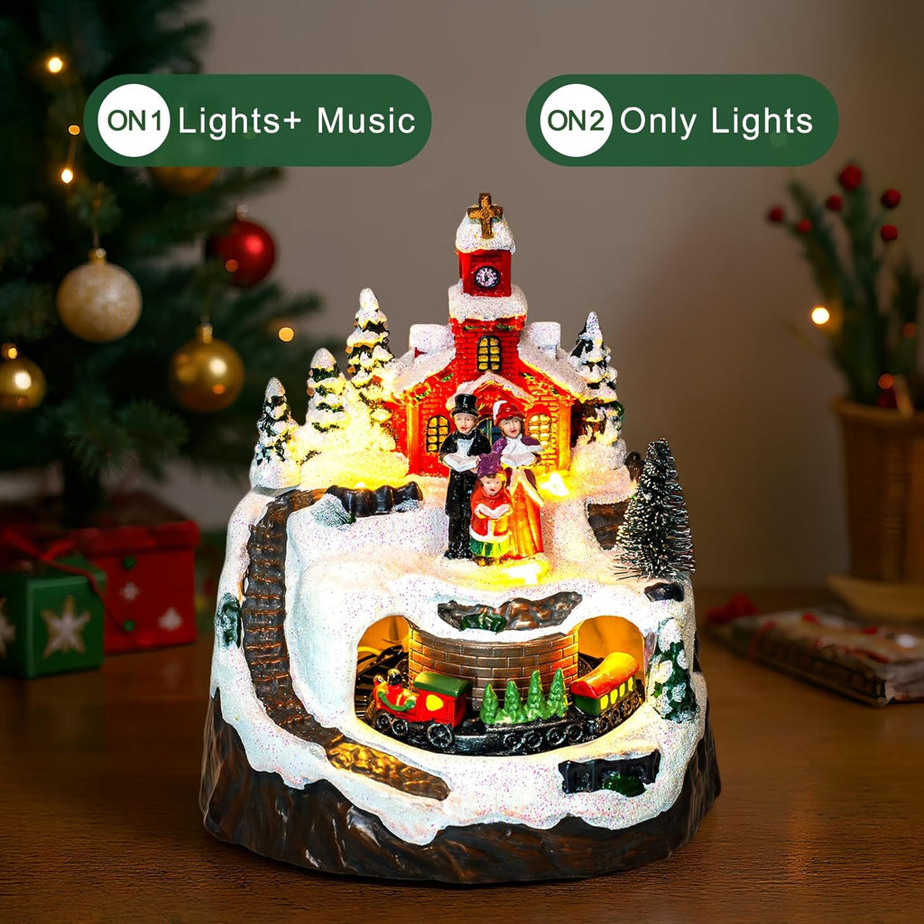 MXwcy Animated Christmas Village Decoration - Lighted Church Choir & Moving Train on Snowy Mountain