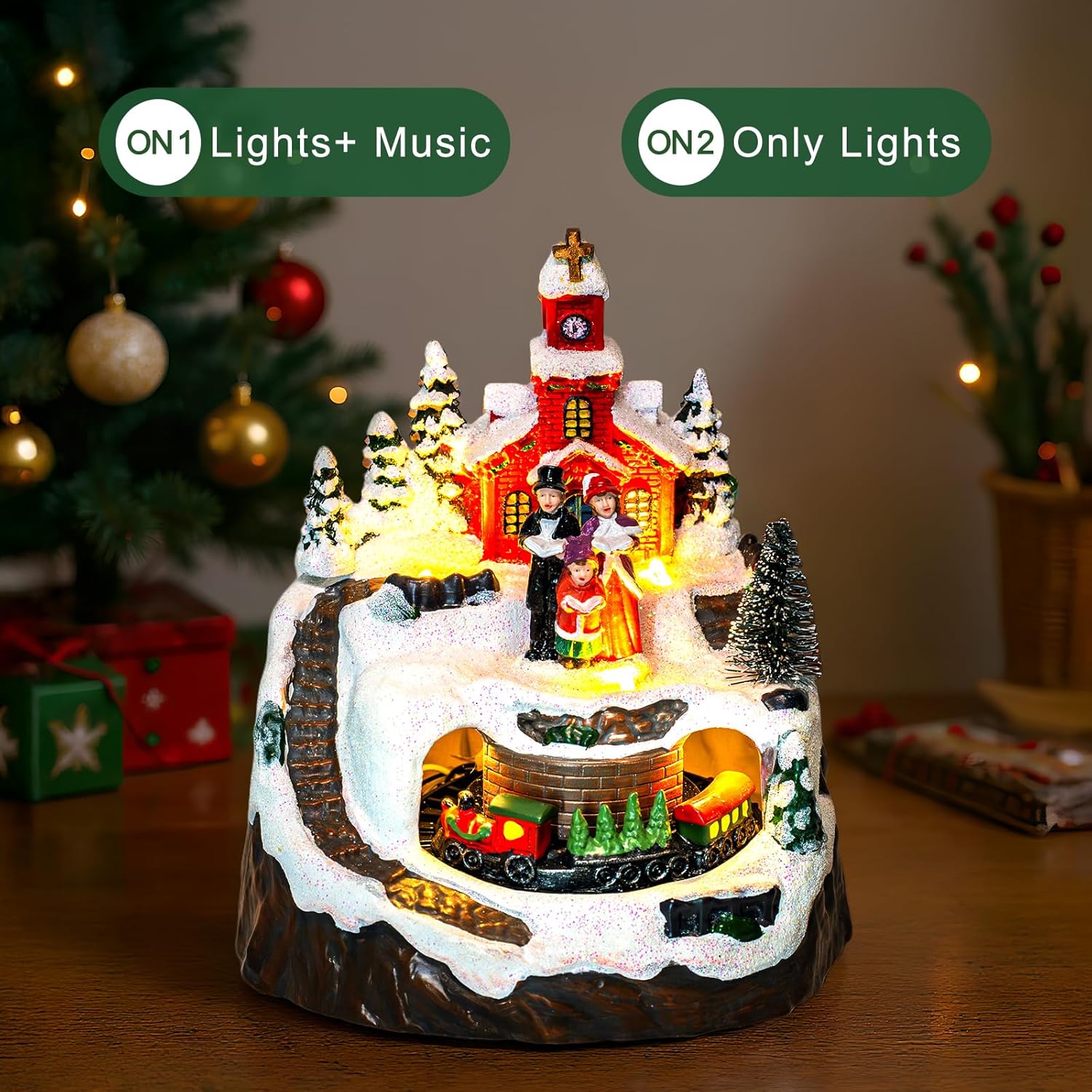 MXwcy Animated Christmas Village Decoration - Lighted Church Choir & Moving Train on Snowy Mountain