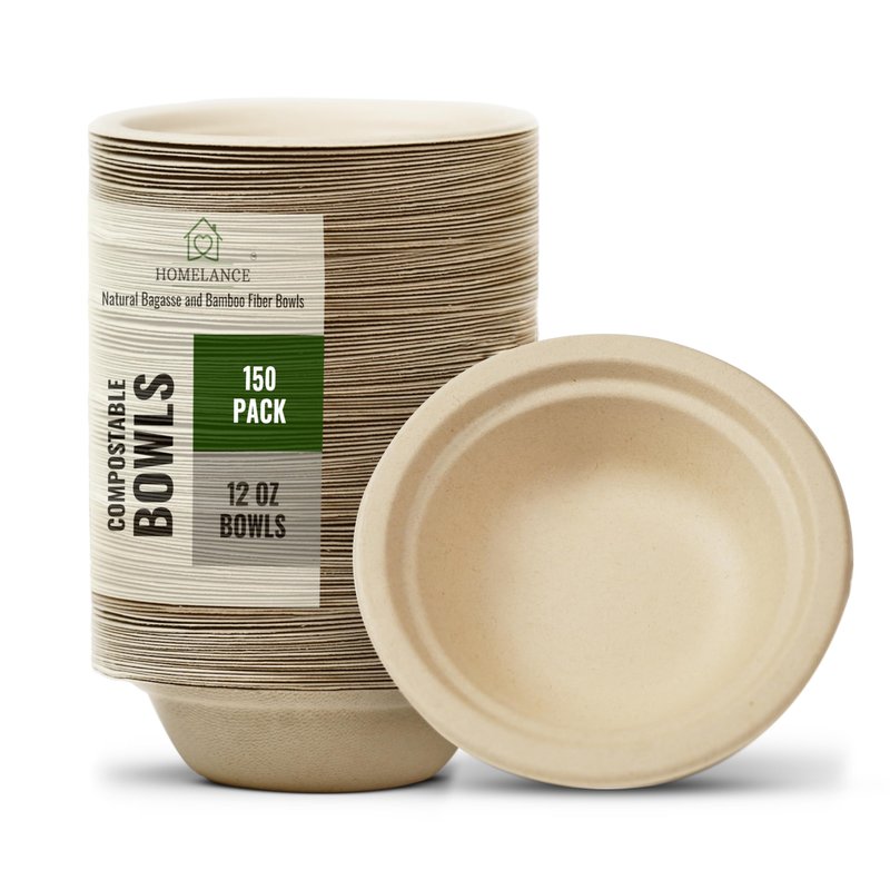 Homelance Compostable Bowls 12 OZ/350ml 150Pcs – Bamboo & Bagasse Disposable Bowls for Hot Soup-Temperature Resistant & Microwave Safe – Paper Bowls Disposable for Daily Meals