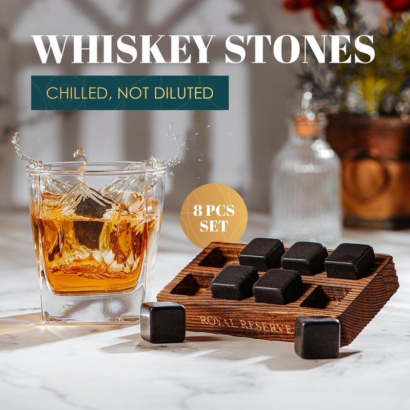 Whiskey Stones Gift Set by Royal Reserve – Artisan Crafted Reusable Chilling Rocks for Scotch – Stocking Stuffer for Men - Bourbon Gifts for Husband Dad Boyfriend Guy