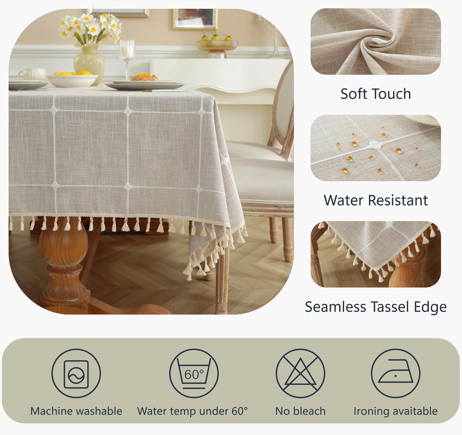 Alsoo Waterproof Tablecloths for 6 Foot Rectangle Tables Rustic Plaid Tablecloth Cotton Linen Cloth Wrinkle Free Table Cloths for Parties, Kitchen Dining, Holiday, Christmas (4-6 Seats, 55x75 Inches)
