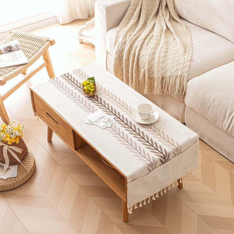 SIELUNO Waterproof Coffee Table Cloth, Coffee Table Covers for Living Room Rectangle Cotton Linen Tablecloth with Tassel Decoration-Beige Leaf- 20" x 60"