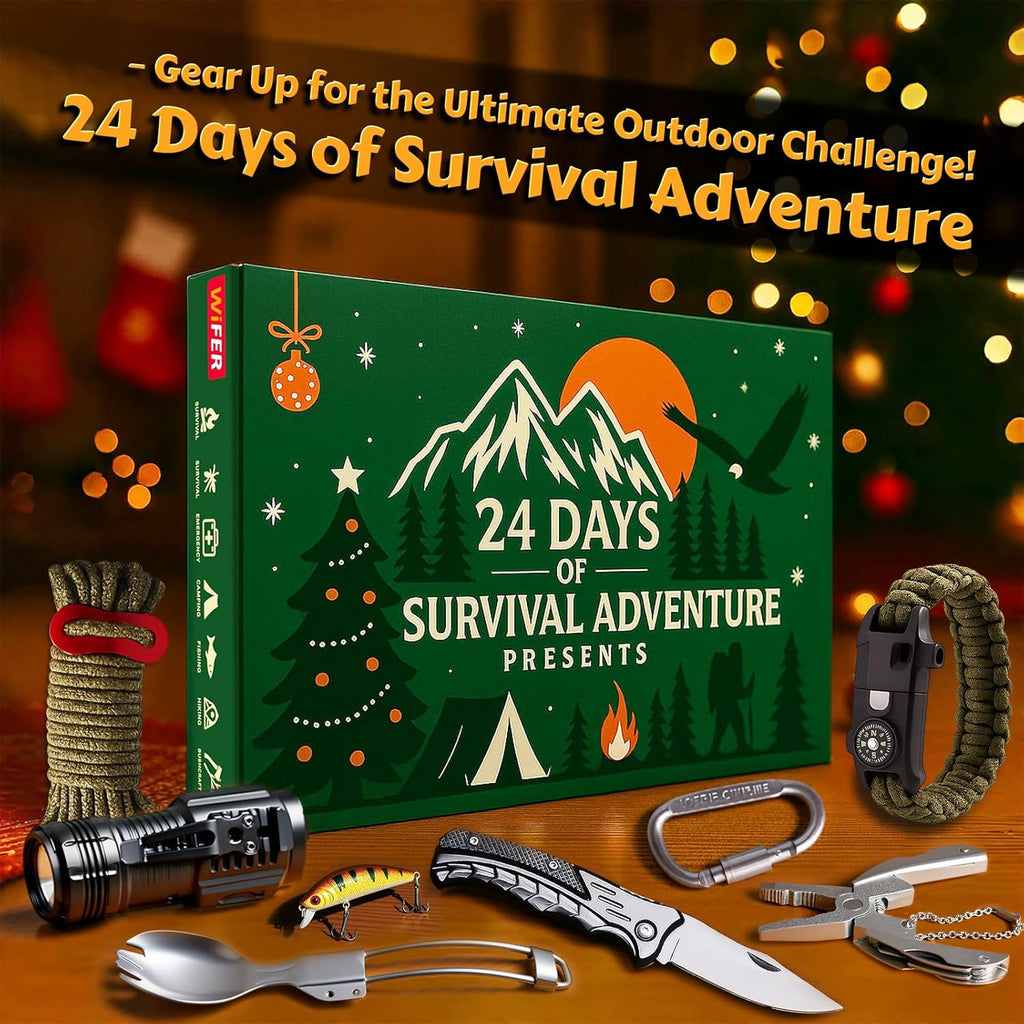 Survival Kit Advent Calendar 2025 for Men - 24 Days of Essential Outdoor Tools | Perfect Xmas Gift for Camping, Fishing, and Hiking Enthusiasts