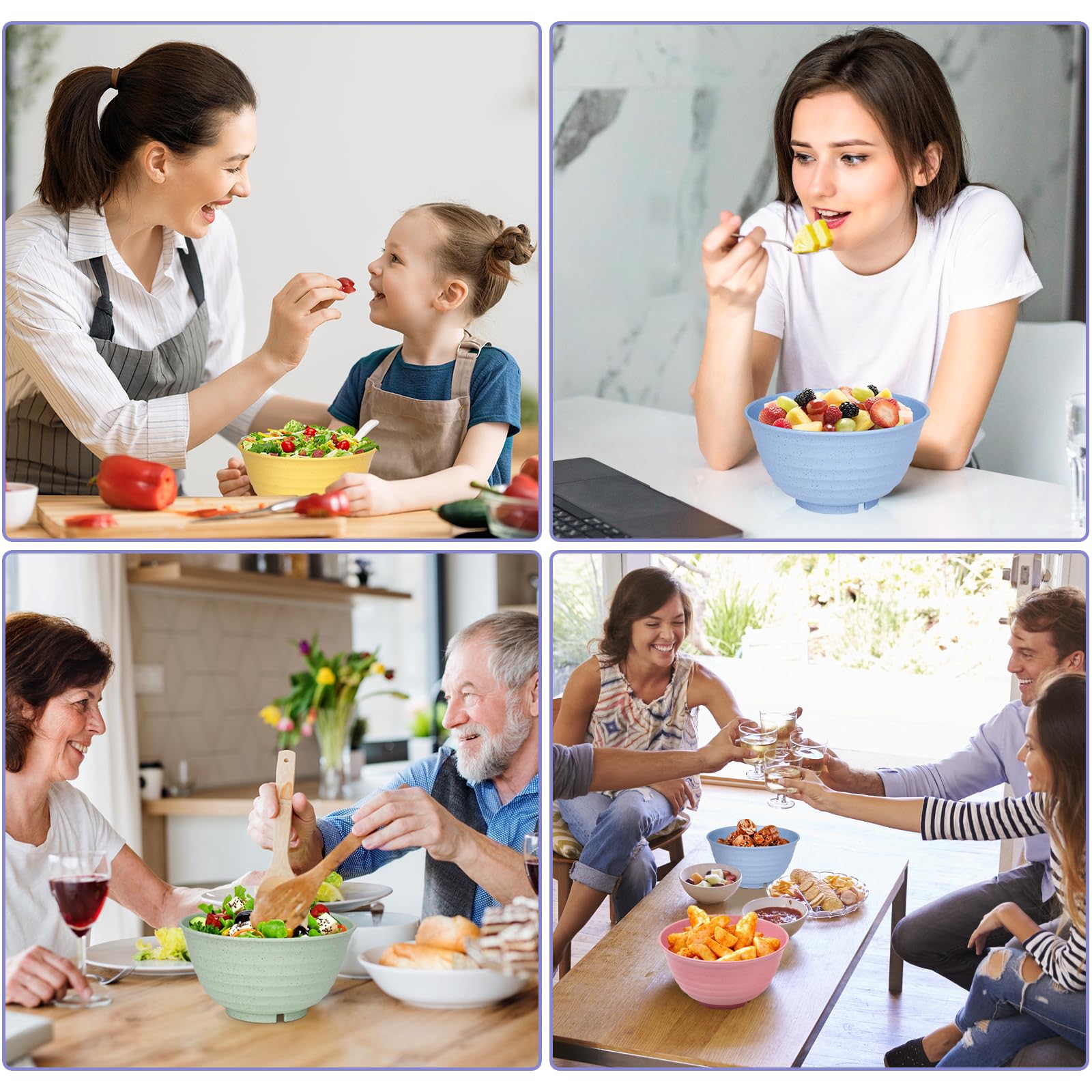 ZENGABIA Cereal Bowls, 34 Oz Large Wheat Straw Dinnerware Sets of 6 with Spoon, Unbreakable Plastic Soup Bowls Reusable Microwave Dishwasher Safe for Salad Noodle Kitchen Breakfast, Multicolor