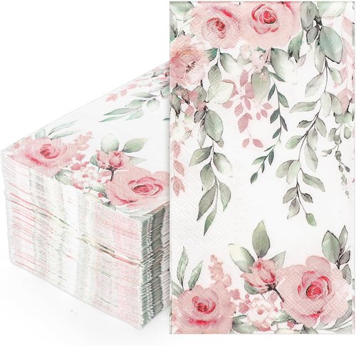 FYSUIMU Floral Guest Napkins - 100 Pcs Greenery Design with Roses & Eucalyptus | Disposable Paper Towels for Events