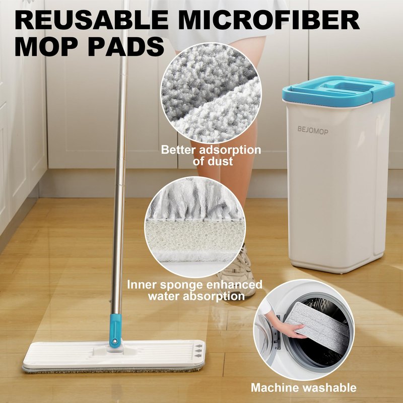 BEJOMOP Mop and Bucket Set, Mops for Floor Cleaning Turquoise-Cyan, Wall Mop with Long Handle, Squeeze Flat Mop and Bucket System, Dry & Wet Dust Mop for Household Cleaning with 2 Microfiber Mops