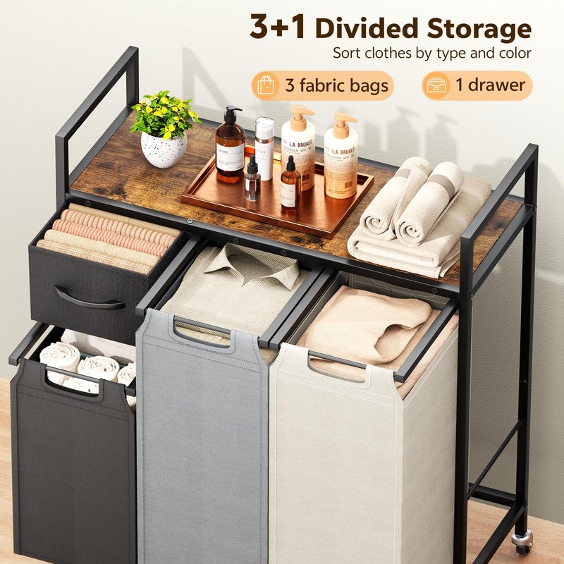 Laundry Hamper - Laundry sorter 3 Section 145L - Laundry Room Organization with 4 Pull-Out Drawers, Removable Oxford Bags, Lockable Wheels & Sturdy Shelf for Laundry Room, Bathroom, Bedroom