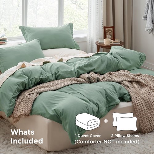 Bedsure Sage Green Duvet Cover Set | Extra Soft Prewashed Cotton-Like Polyester - Queen Size 3 Pieces (90x90 Inches)