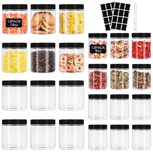 Hajoyful Plastic Jars with Lids 8 oz & 14 oz 24Pcs Clear Plastic Slime Storage Jars Containers with Airtight Leak Proof Black Screw On Lids Cylinder Clear Round Jar Food Grade Durable Jar
