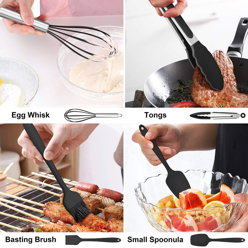 LIANYU 14 Pcs Silicone Kitchen Utensils Set with Holder, 446°F Heat Resistant Silicone Cooking Kitchen Utensils Spatula Set, Non-Stick & Dishwasher Safe Cooking Tools, Comfort Grip Handle, Black