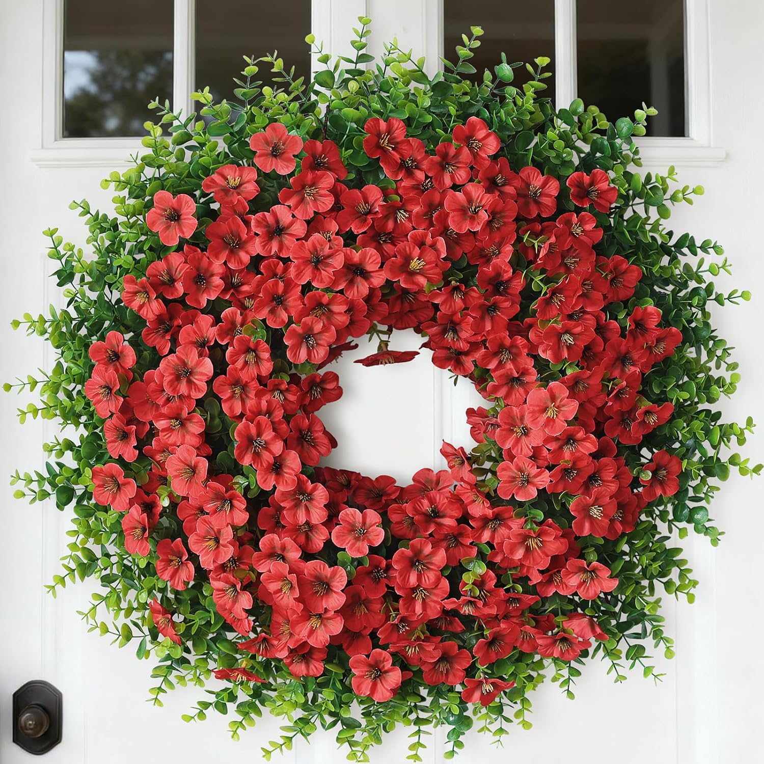 Skiennix 26" Large Artificial Eucalyptus Wreath - Realistic Silk Morning Glory Flowers for Home & Wedding Decor (Red)
