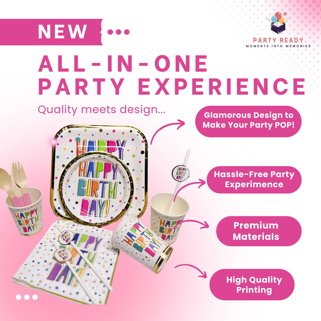 All-in-One Birthday Party Supplies Set – Premium Complete Decoration Kit with Tableware, Balloons, Banner & Cake Decorations (Classic Polka Party Box (12 guests))