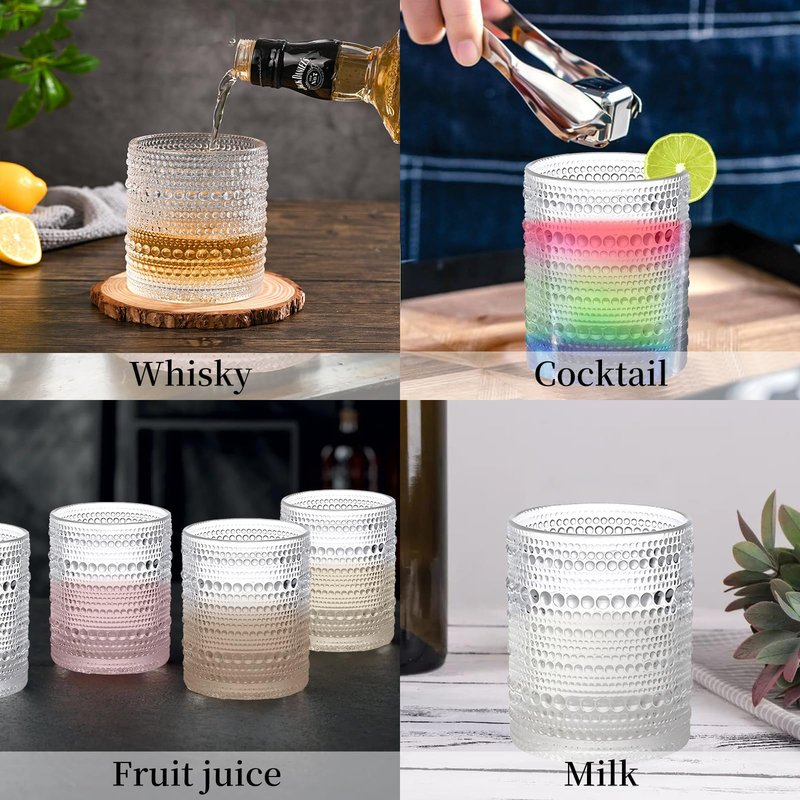 WANYISHUN Set of 4 Hobnail Drinking Glasses,15.2 Oz Romantic Water Glasses, Clear Embossed Design Vintage Glassware, Cocktail Glasses, Beaded Drinking Glasses for Water, Beer, Juice(15oz+4")