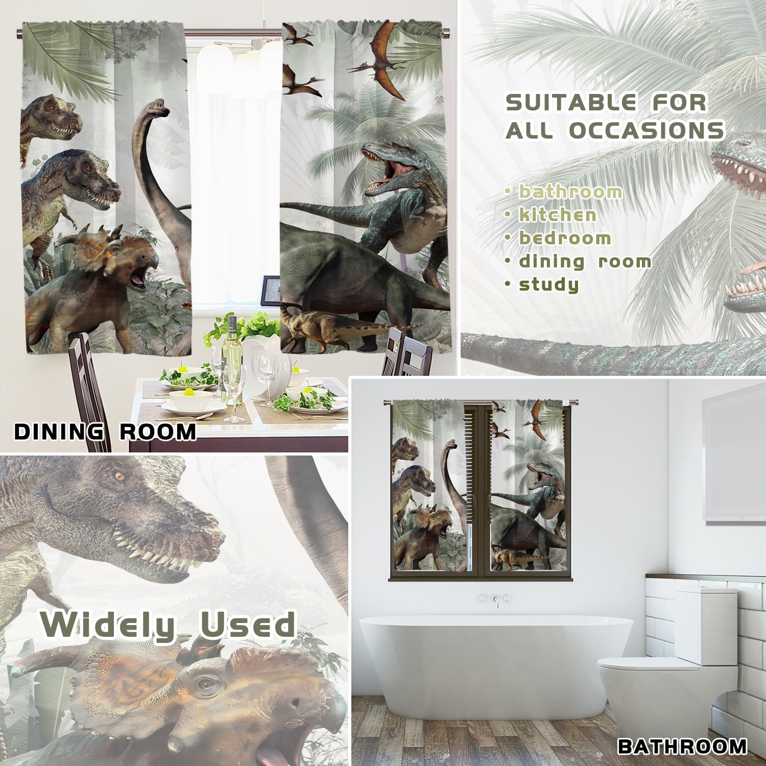 EOVDSFW Dinosaur Kitchen Window Curtains Rod Pocket Small Short Cafe Jurassic Dino for Boys Kids Animals Nature Wild Forest Cute Drapes Room Drapes 2 Panels for Living Bedroom Home Decor 27.5X39 inch