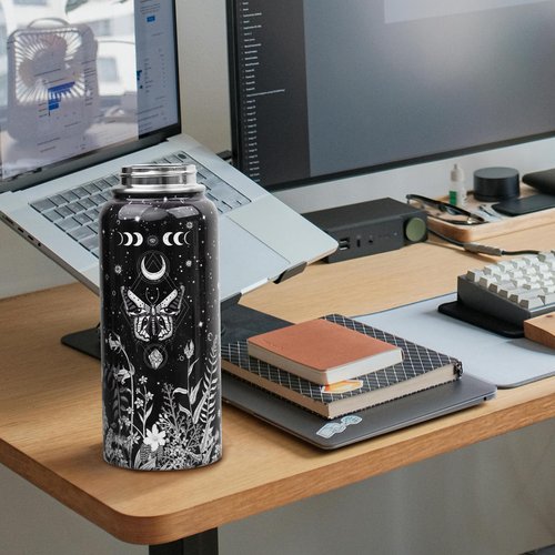 Insulated Goth Water Bottle 32 oz, Goth Gifts for Women, Halloween Gothic Water Bottle with Straw and Lid, Reusable Leakproof Water Bottle Stainless Steel