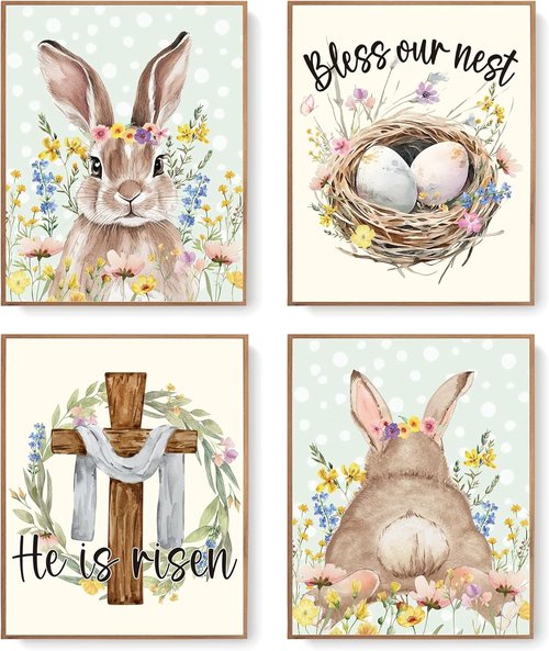 LARTSFRO Easter Decor - Bunny & Egg Wall Art Prints | Spring Nursery Decor, 10x8 Inch Set of 4 Unframed