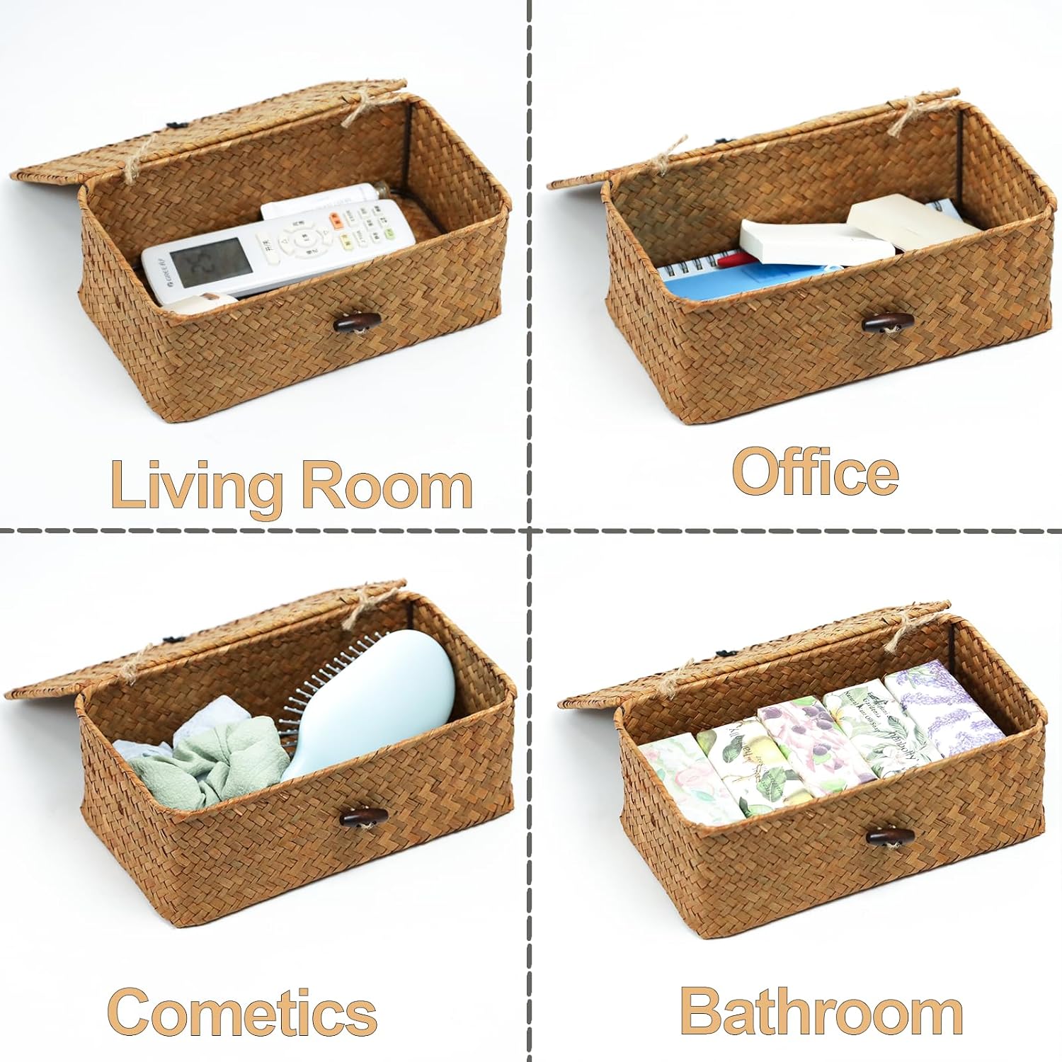 Wicker Storage Basket - Natural Seagrass Organizer with Lid | Rectangular Decorative Bin