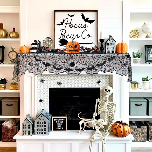Halloween Table Runner Spider Web: 4 Pieces 18x72 Inches Black Lace Runners for Halloween Party Black Spooky Dinner Table Decorations