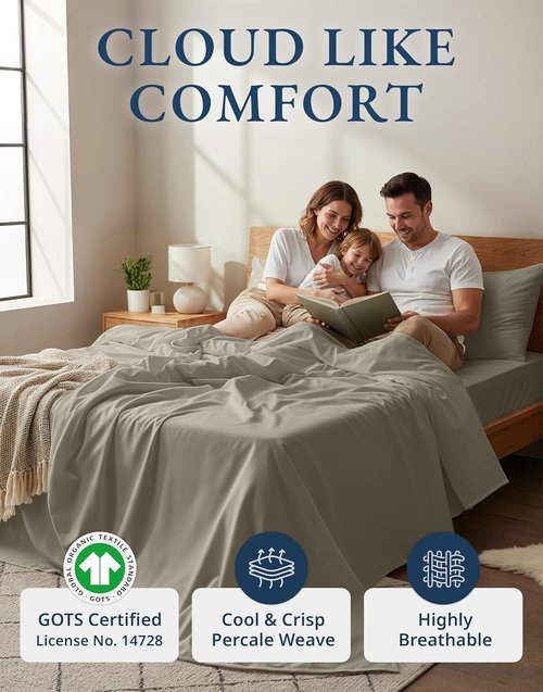Lane Linen 100% Organic Cotton California King Sheets Set - Naturally Cooling, Machine Washable, Silver