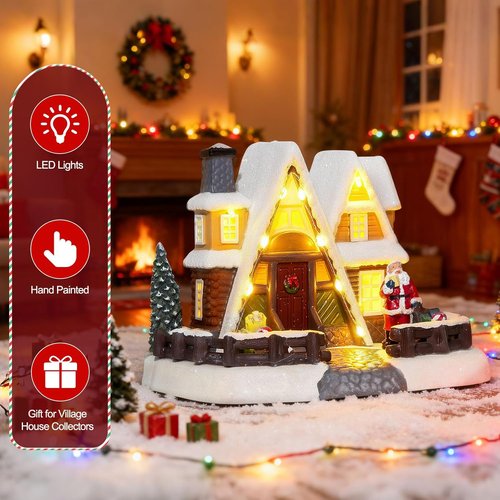 LED Lighted Village House - 6.9 Inch Triangular Christmas Decoration with Santa Claus Statue | Holiday Home Decor
