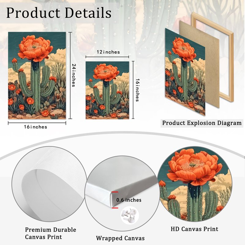 Ovczax Bohemian Style Decorative Paintings, Mexican Cactus Flowers Wall Paintings, Desert Plants Prints 3 - Piece Art Set For Home Office, Bedroom And Living Room 24" x 16"