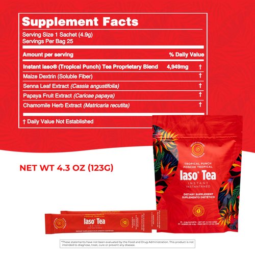 Iaso Instant Tea (Tropical Punch) - Fruity Cleansing Drink for Digestive Support, Refreshing Flavor - 25 Sachets, Pack of 1