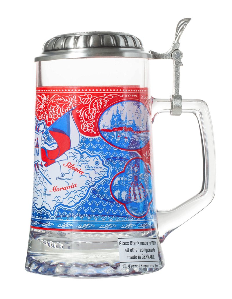 Czech Republik Heritage Flag & Map Glass Beer Stein with Metal Lid and Thumb Lift