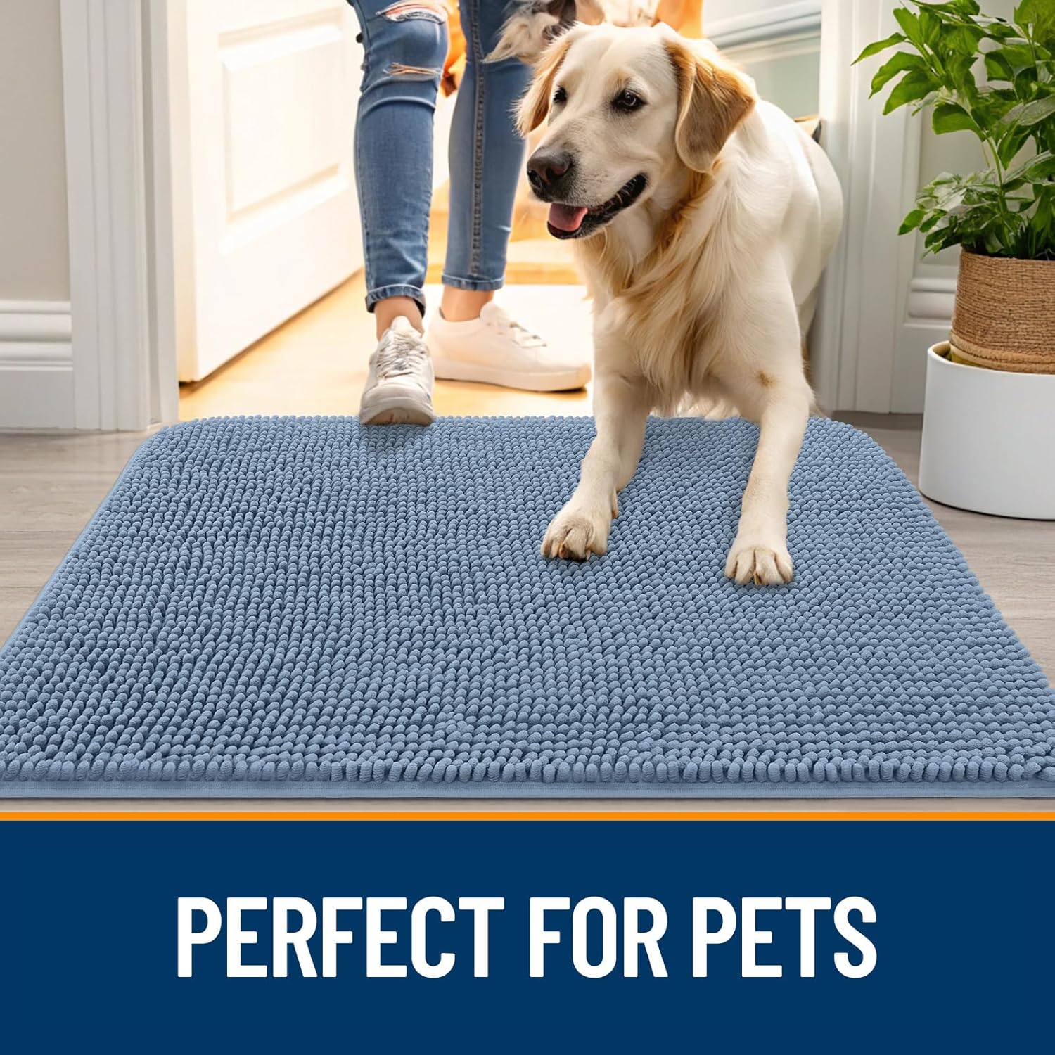 OLANLY Dog Door Mat - Absorbent Non-Slip Chenille Mat for Muddy Paws | Quick Dry 24x16, Airy Blue