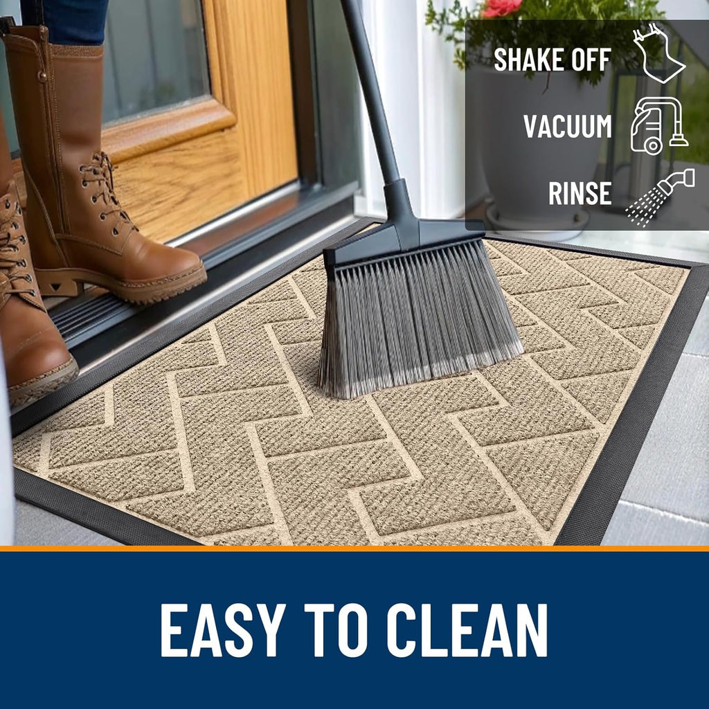 OLANLY Waterproof Front Door Mat - All-Season, Easy Clean Herringbone Design | Beige, 36x24 Inches