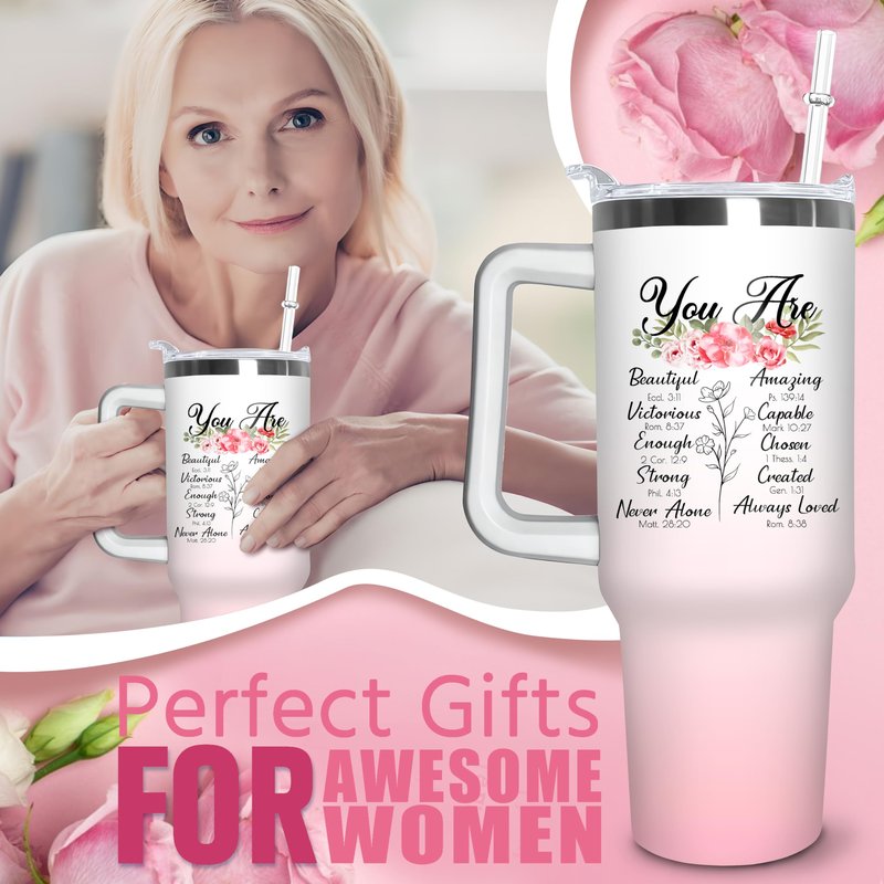 Christian Tumbler with Handle and Straw, 40 oz Vacuum Insulated Water Bottle Stainless Steel, Leak Proof Travel Mug, Inspirational Religious Belief Gifts for Her Women Girl Christmas Mothers Day