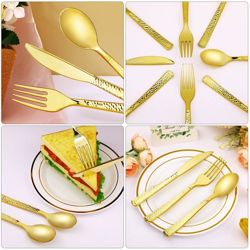 Zhehao 600 Pcs Plastic Gold Silverware Utensils Set Disposable Flatware Cutlery Bulk, Heavy Duty Utensils Include 200 Gold Forks 200 Plastic Spoon 200 Knives for Graduation Wedding Party