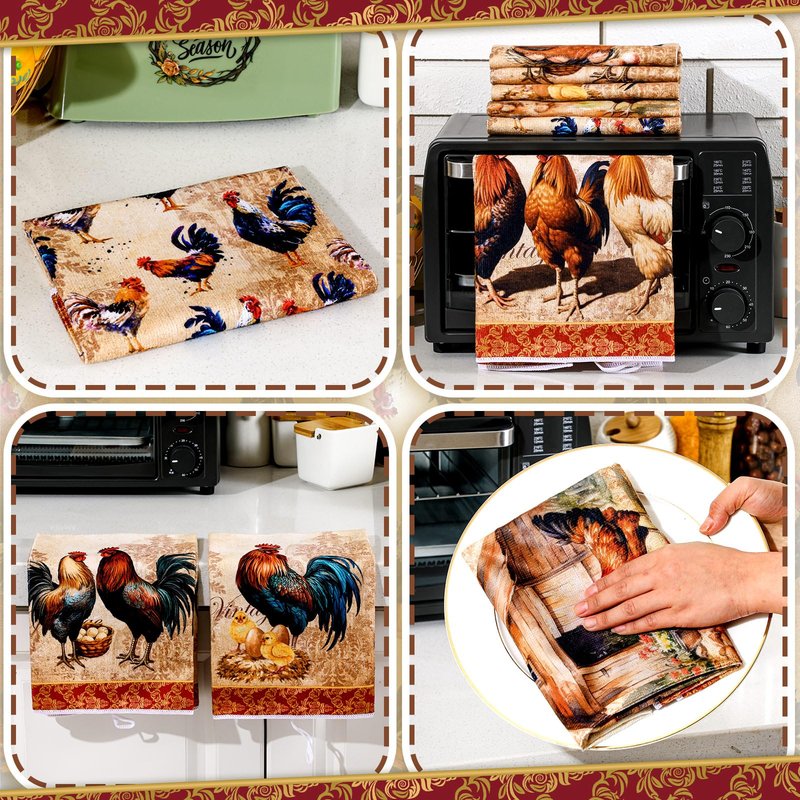 Bencailor 6 Pcs Farmhouse Kitchen Towels Chicken Rooster Kitchen Decor Farm Animal Hand Towels for Cooking Baking Housewarming Gift,15.75 x 23.62 inch(Golden Brown,Rooster)