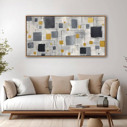 KLAKLA Modern Abstract Wall Art Poster - Unframed Black, Gold & Gray Decor for Living Room | 40x20 Inches