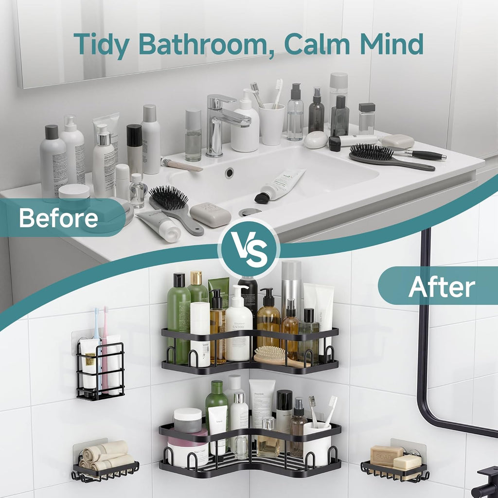 Veken Corner Shower Caddy - Advanced Rustproof Design | No Drilling Adhesive Shelves, Large Capacity, Black