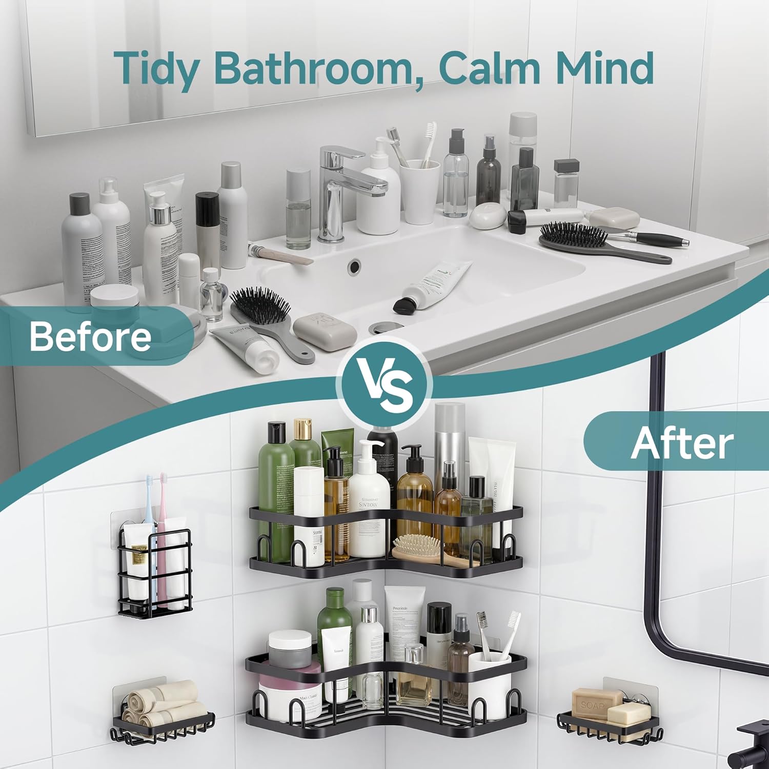 Veken Corner Shower Caddy - Advanced Rustproof Design | No Drilling Adhesive Shelves, Large Capacity, Black