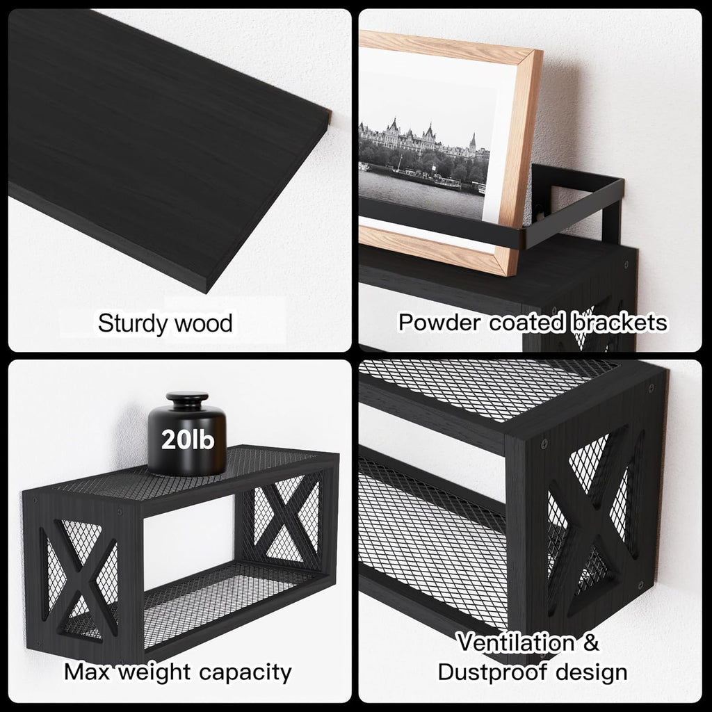 RICHER HOUSE Floating Shelves - Rustic Wood Wall Décor with Guardrail | Versatile Organizer for Bathroom, Kitchen, Living Room - Black