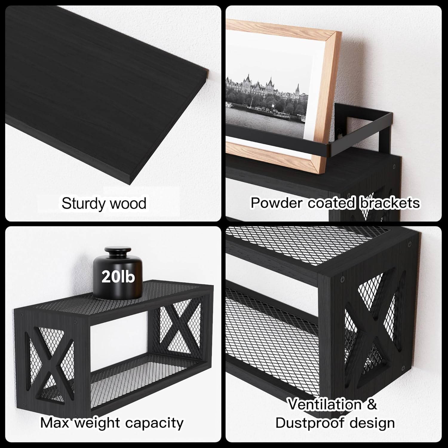 RICHER HOUSE Floating Shelves - Rustic Wood Wall Décor with Guardrail | Versatile Organizer for Bathroom, Kitchen, Living Room - Black