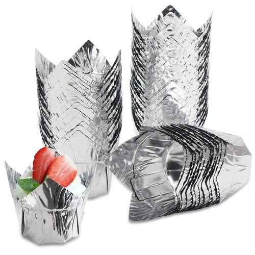 EUSOAR Cupcake Muffin Liners, 3.5 Ounce Aluminum Foil Baking Cups 50pcs, Disposable Tulip Style Baking Cups, Foil Cups, Aluminum Cupcake Pan Ramekin Holders