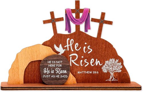Alcarin Easter Decor - Wooden Resurrection Scene with Cross & Figurines | Christian Tabletop Decoration