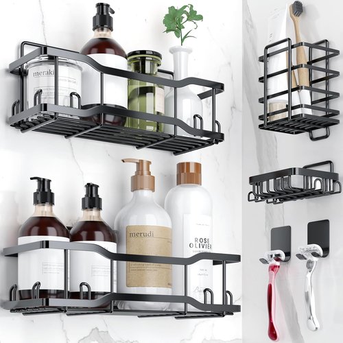 Athena Silken Shower Caddy Set | Rustproof 304 Stainless Steel Organizer - 40LB Capacity - Black