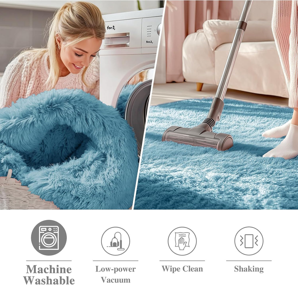 OLANLY Round Slate Blue Area Rug - Soft, Fluffy, Machine Washable 8 ft Carpet for Bedroom & Living Room