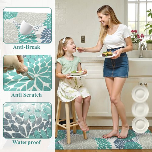 KIMODE Comfort Kitchen Mats for Floor Cushioned Anti Fatigue,Boho Floral Kitchen Rugs Sets of 2 Non Slip,Ergonomic Memory Foam Kitchen Mat for Laundry Sink Office Home,Blue/Green/White
