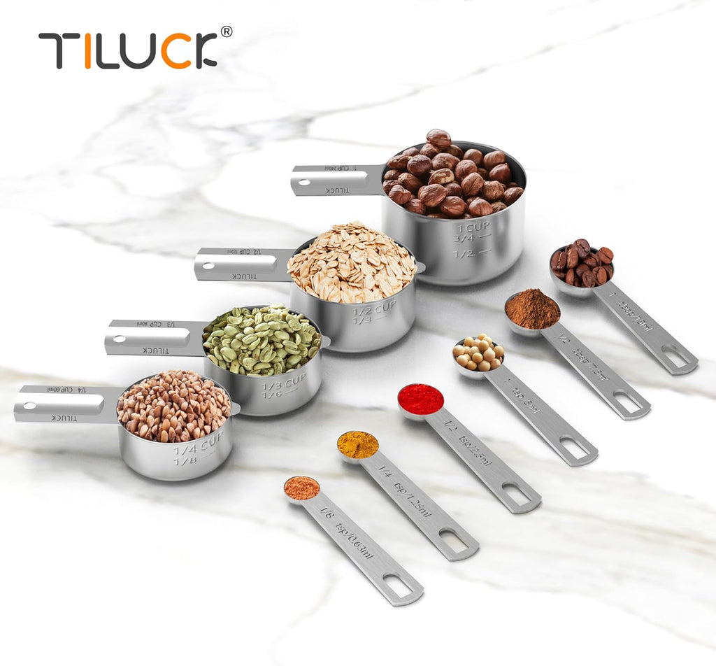 TILUCK Stainless Steel Measuring Cups & Spoons Set - Essential Kitchen Gadgets for Cooking & Baking (10-Piece)