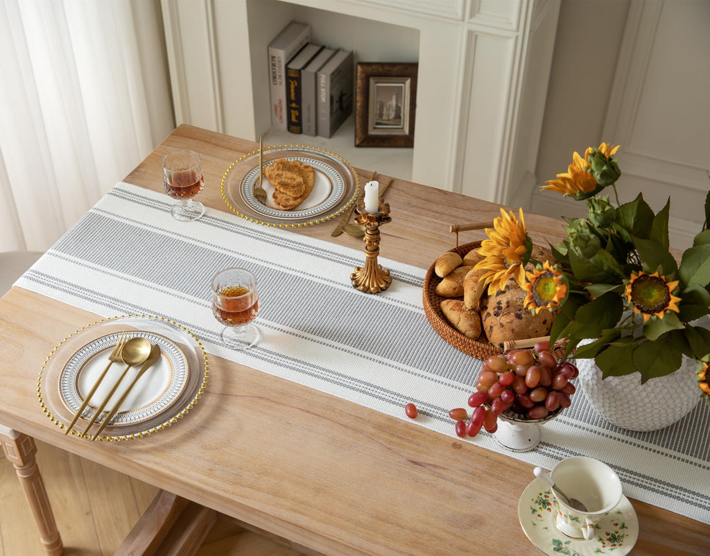 Caflife Boho Table Runner Natural Stripe for Modern Farmhouse Coffee Table Decor, Rustic Woven Runner with Handcrafted Tassels for Home Dining Table décor 13 x 90 Inch Long