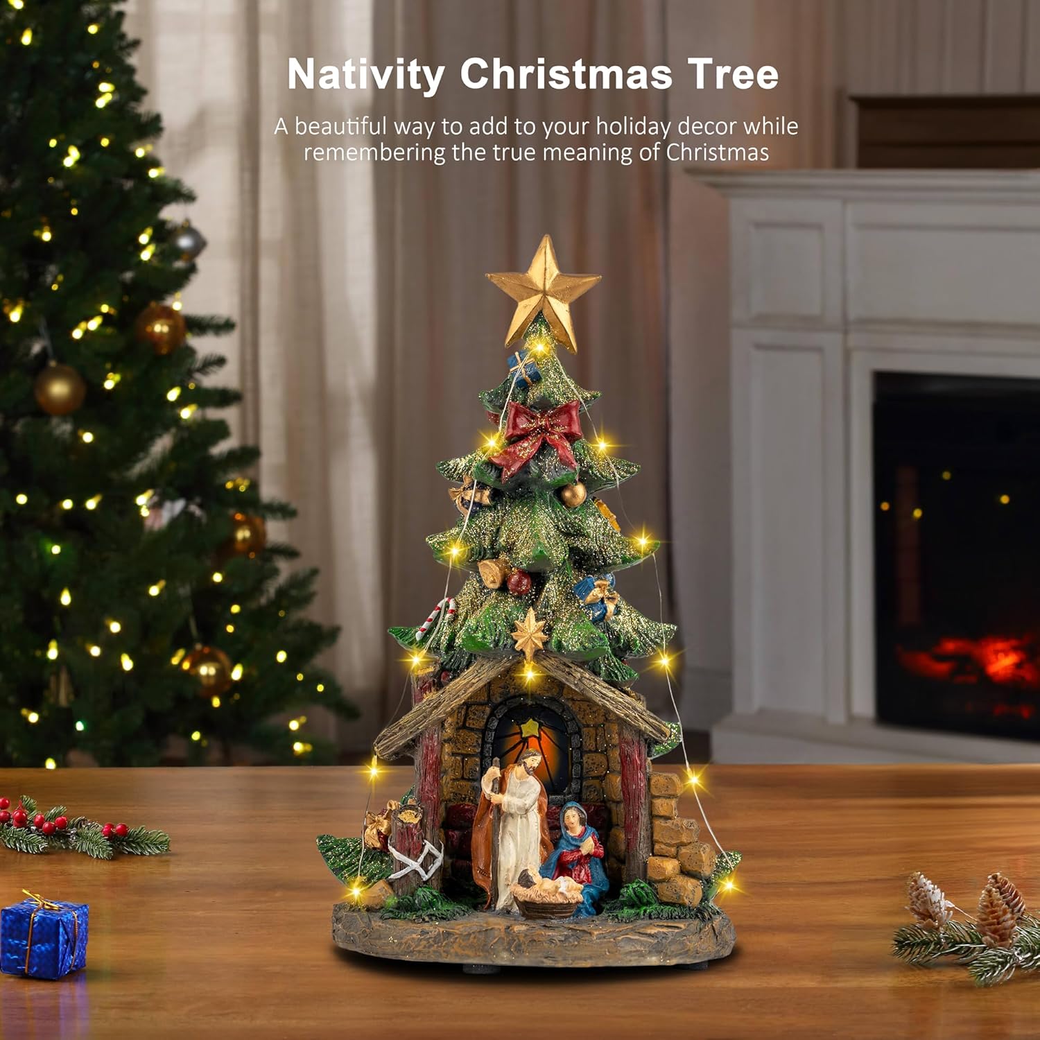 VISFLAIR 12'' Christmas Tree Nativity Scene - Lighted Musical Holy Family Figurines with LED & Silent Night Music